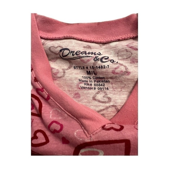 Dreams & Co V Neck Hearts All Over Sleep Shirt Pink 100% Cotton Size M/L - Picture 4 of 5